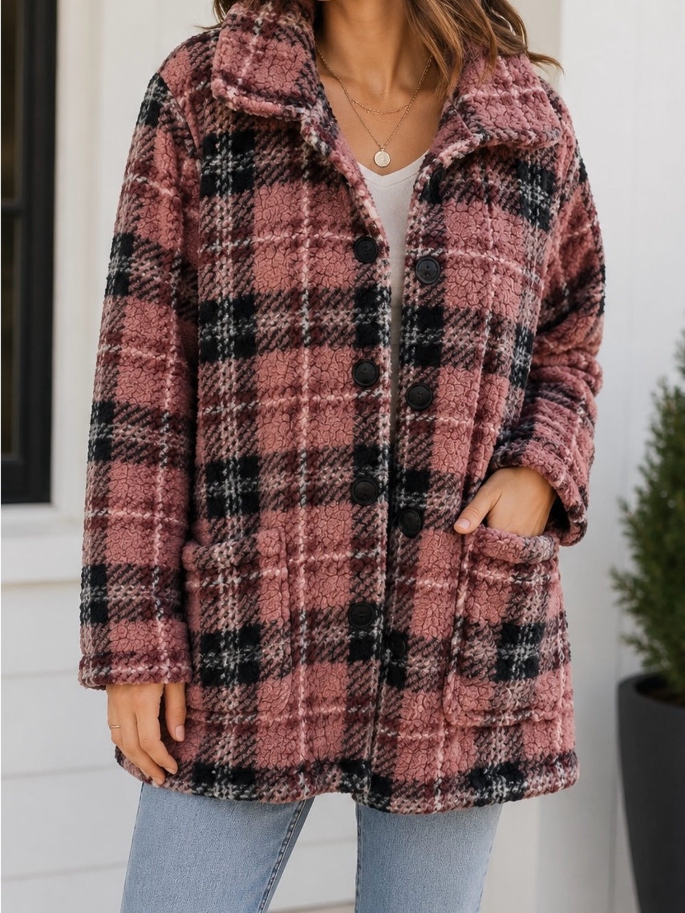 Sabrina Lauren Teddy Bear Plaid Sherpa Button-Up Jacket - Rose
